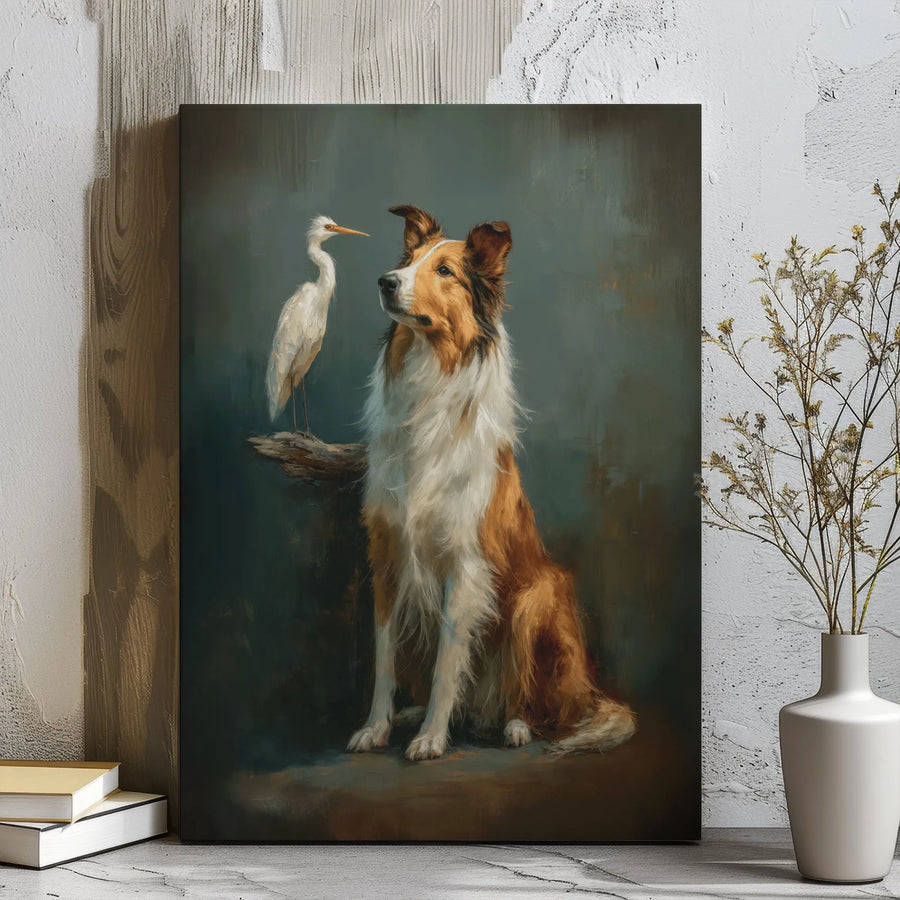 Collie Dog and White Egret Canvas Art | Moody Oil Painting Style | Premium Gallery Wrap Wall Decor | Nature-Inspired Home Gift for Dog Lovers