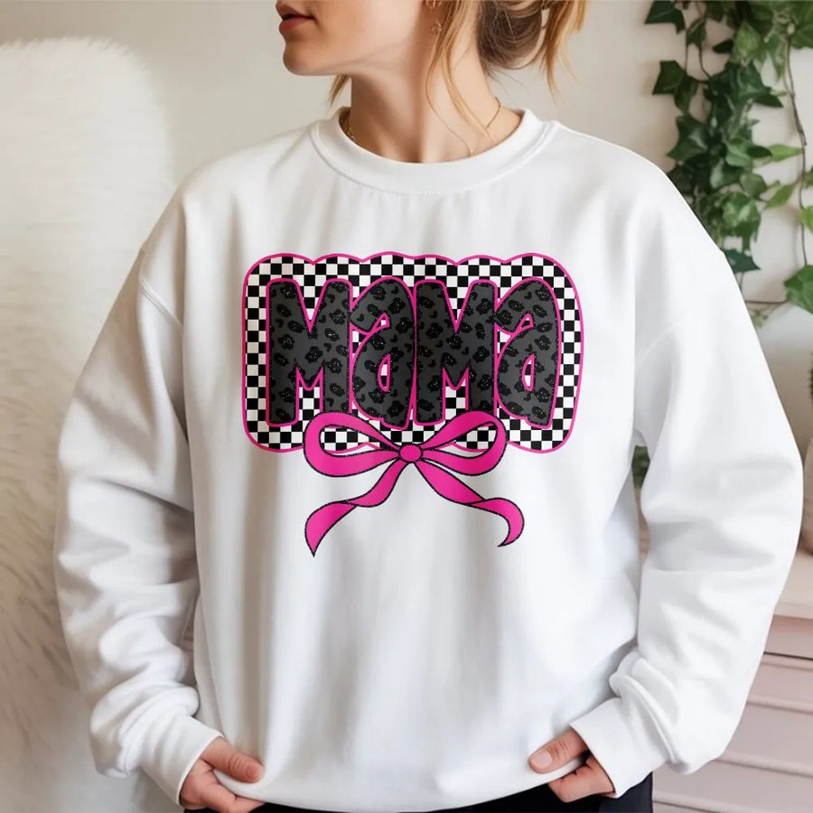 Mama Coquette Bow Sweatshirt | Leopard Print Checkered Aesthetic | Premium Cotton Blend | Trendy Mother's Day 2026 Gift for Her