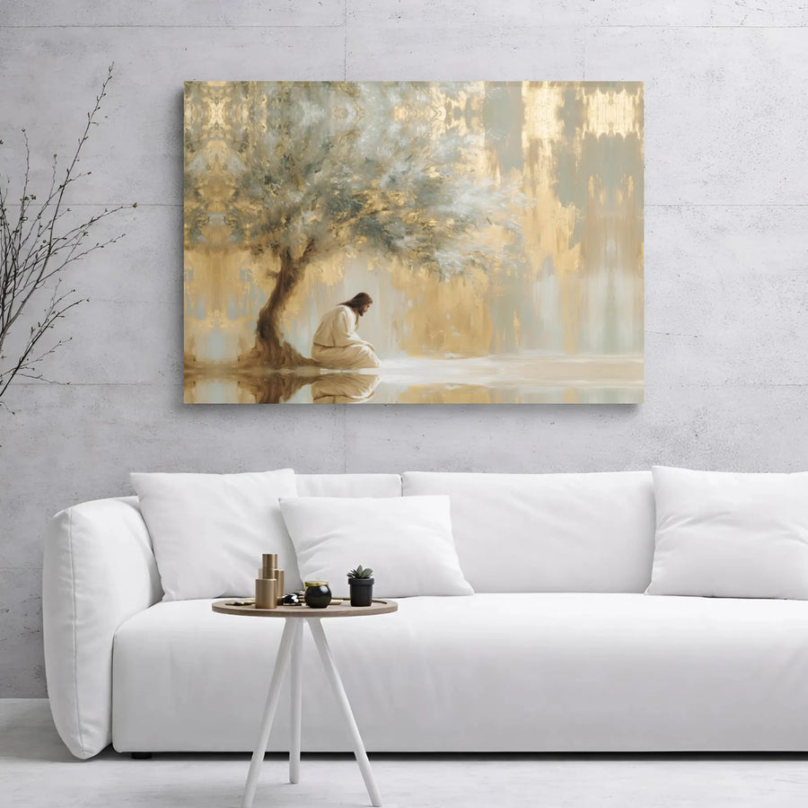 Jesus Christ Canvas Print | Religious Kneeling Under Tree Abstract | 1.25" Gallery Wrap Premium Art | Christian Home Decor Wall Gift