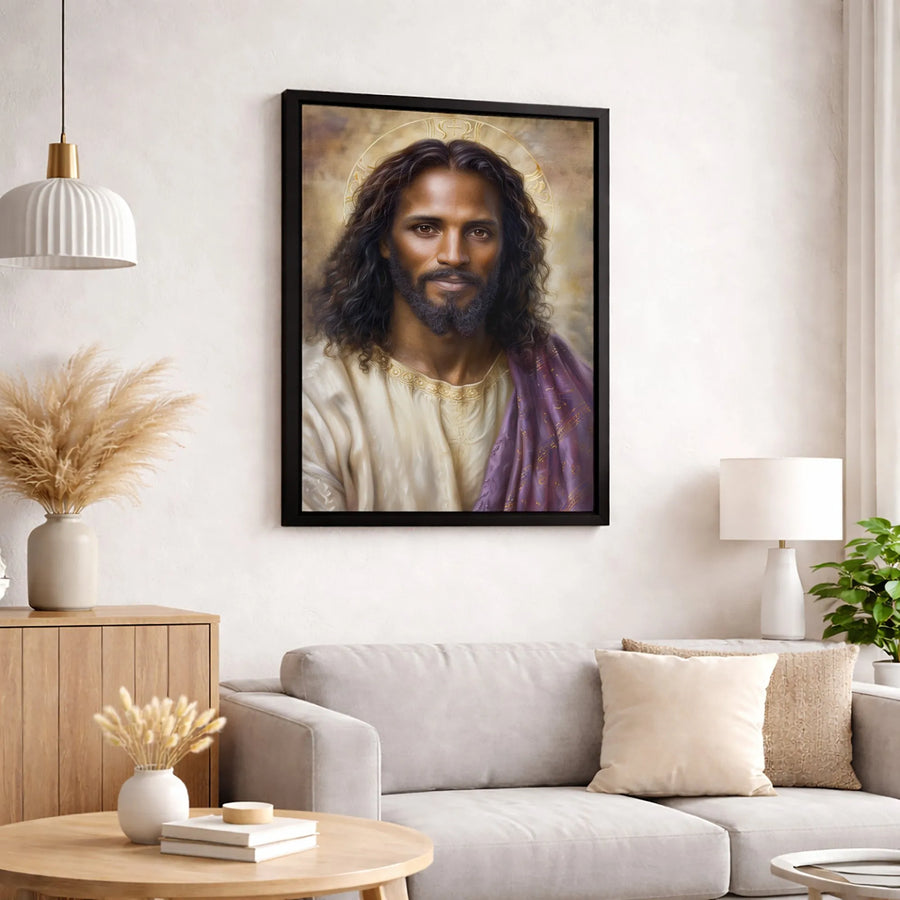 Black Jesus Portrait Canvas Art | Radiant Halo Religious Wall Decor | Premium Fade-Resistant Print | Spiritual Gift for Home or Church