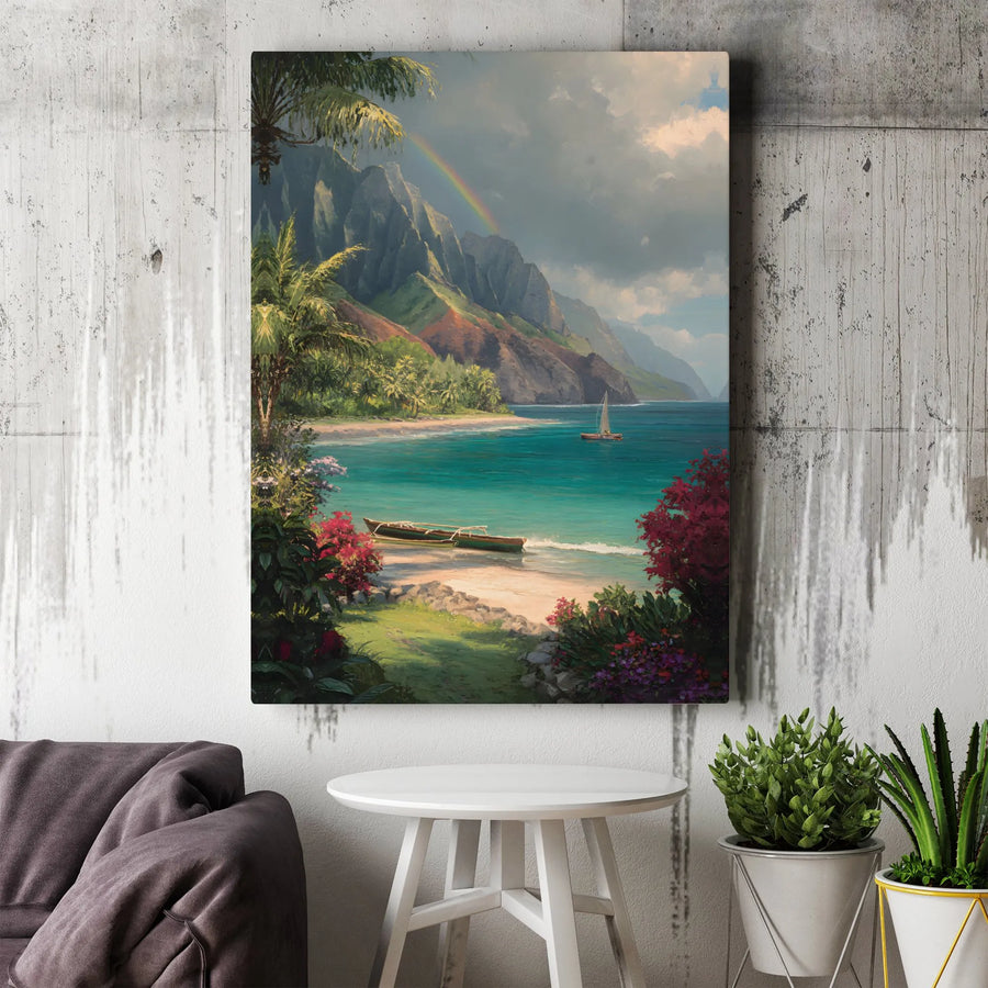 Tropical Hawaiian Coast Canvas Print | Rainbow Over Lush Mountain Bay | Premium Gallery Wrap Wall Art | Coastal Decor for Living Room Office