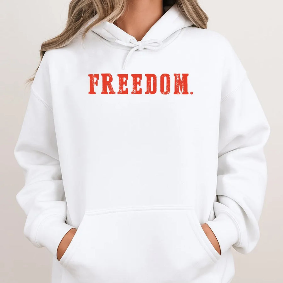 Freedom Hoodie | Distressed Typography Graphic Sweatshirt | Cotton-Polyester Premium Blend | Patriotic Statement Apparel Gift for Adults