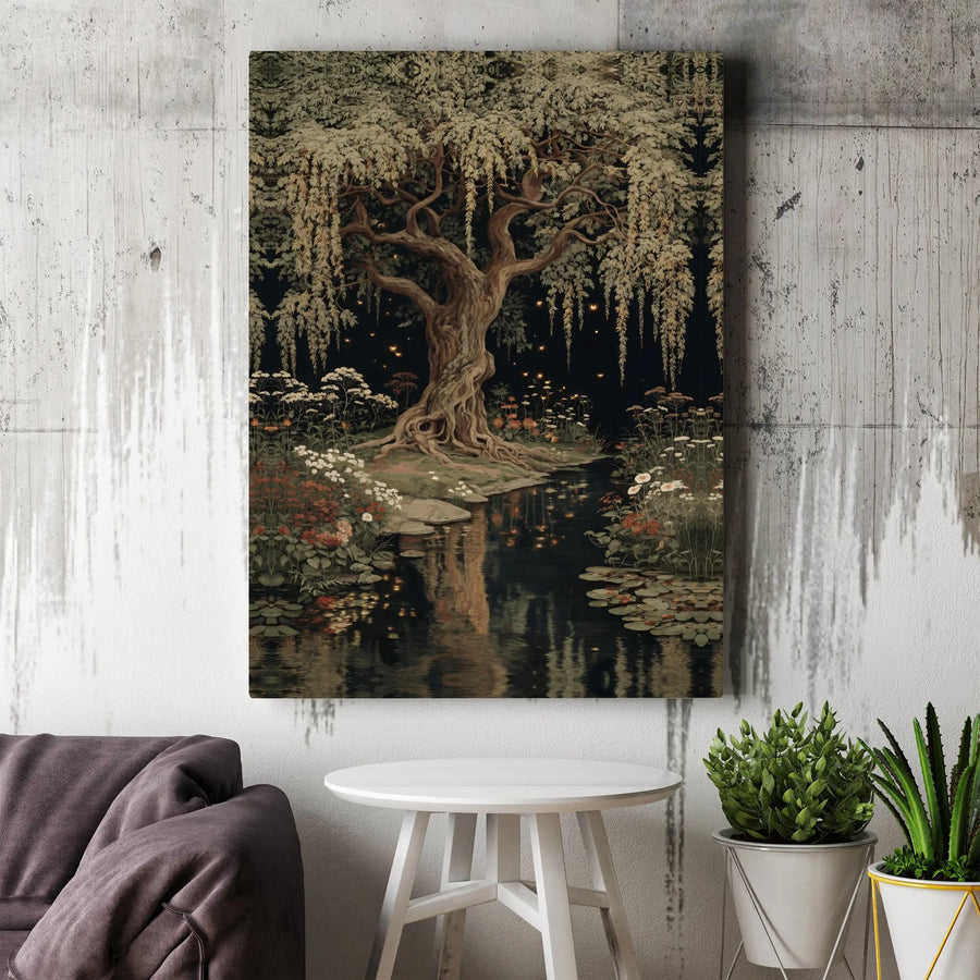 Mystical Tree Canvas Wall Art | Enchanted Forest Print with Fireflies | Premium Gallery Canvas | Dark Academia Home Decor Gift