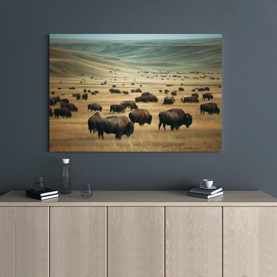 American Bison Canvas Wall Art | Panoramic Prairie Herd Landscape | Premium Gallery Wrap Print | Western Wildlife Home Decor Gift