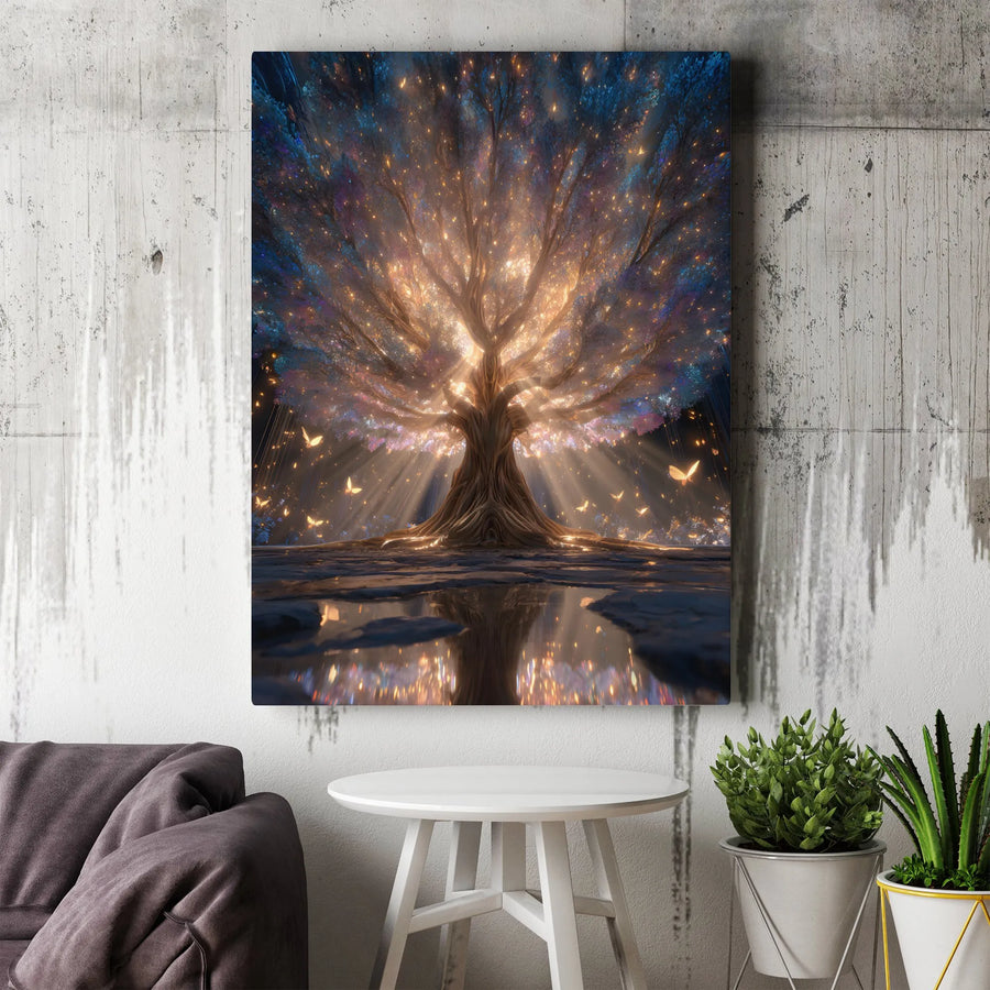 Enchanted Tree of Life Canvas Print | Mystical Forest with Glowing Butterflies | Premium Gallery Wrap Canvas | Spiritual Wall Decor Gift