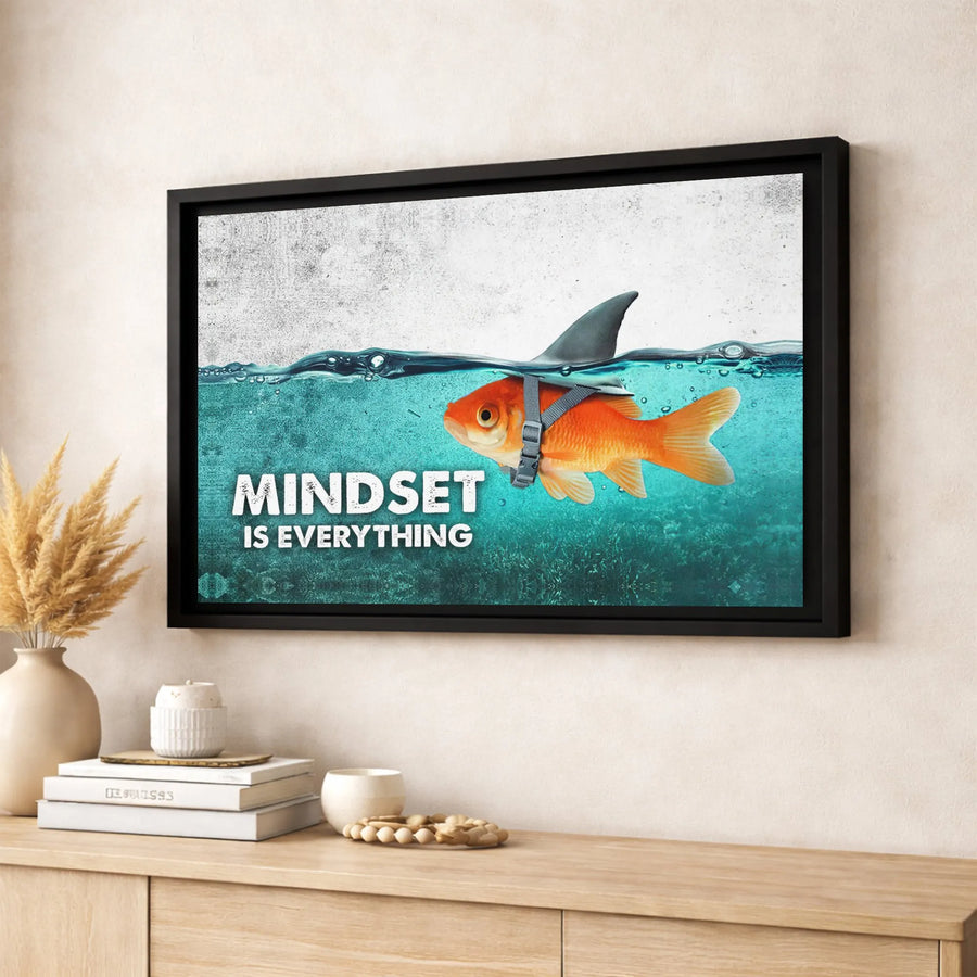 Mindset Is Everything Canvas Art | Motivational Goldfish Shark Fin Wall Decor | Premium Gallery Wrap Print | Office Decor for Success & Ambition