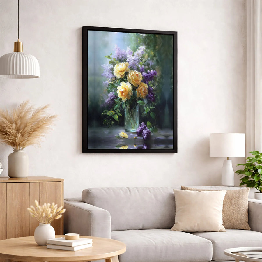Yellow Rose and Lilac Still Life Canvas | Floral Oil Painting Print | Gallery Quality 1.25” Thick | Elegant Botanical Wall Art for Home Decor
