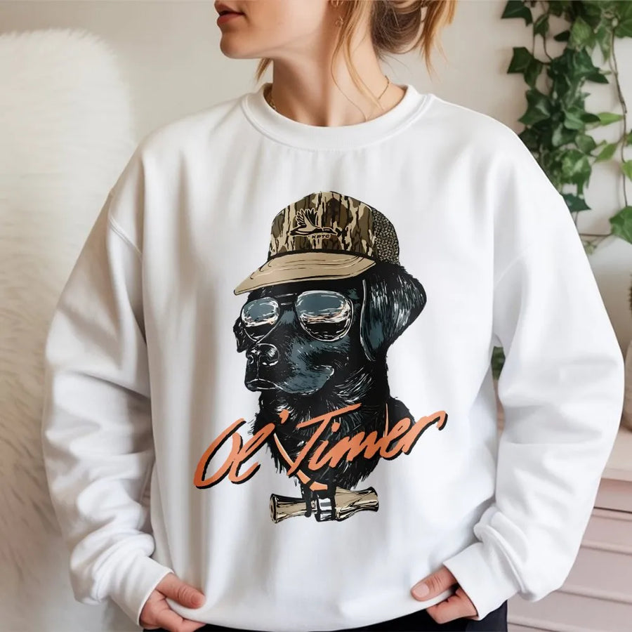Ol' Timer Labrador Hunting Sweatshirt | Camo Cap Dog Graphic Design | Premium Cotton Blend | Gift for Hunter Duck Hunting Enthusiast