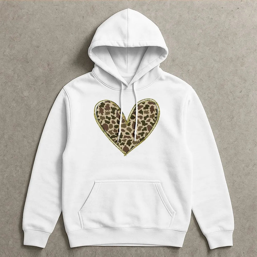Camo Heart Hoodie | Gold Glitter Valentine Print | Premium Cotton Blend | Romantic Gift for Her or Country Wife