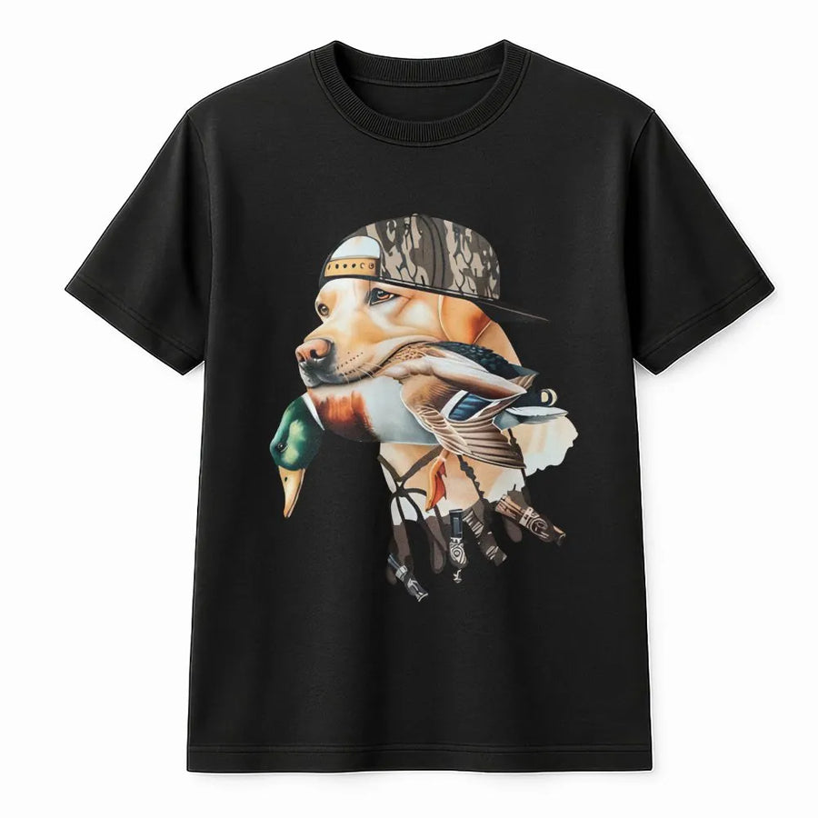 Duck Hunting Dog T-Shirt | Labrador Retriever with Camo Hat & Mallard Graphic | Premium Cotton Tee | Outdoorsman Gift for Men
