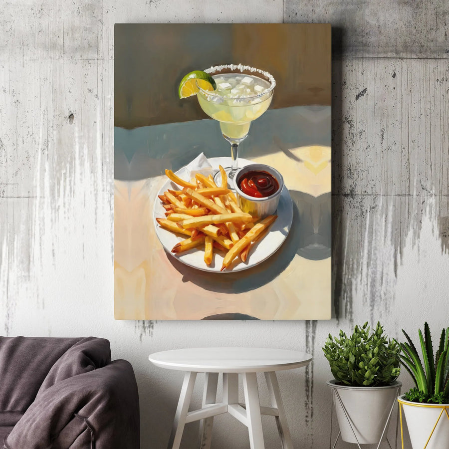 Margarita and French Fries Canvas Wall Art | Impressionist Cocktail Food Painting | Premium Gallery Wrapped Print | Kitchen Decor Gift for Bar Lovers
