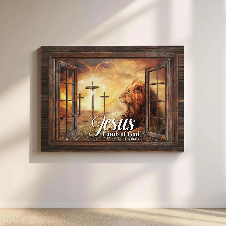 Jesus Lamb of God Canvas Wall Art | Lion and Lamb Rustic Window Scene | Premium Fade-Resistant Print | Inspirational Christian Home Decor Gift