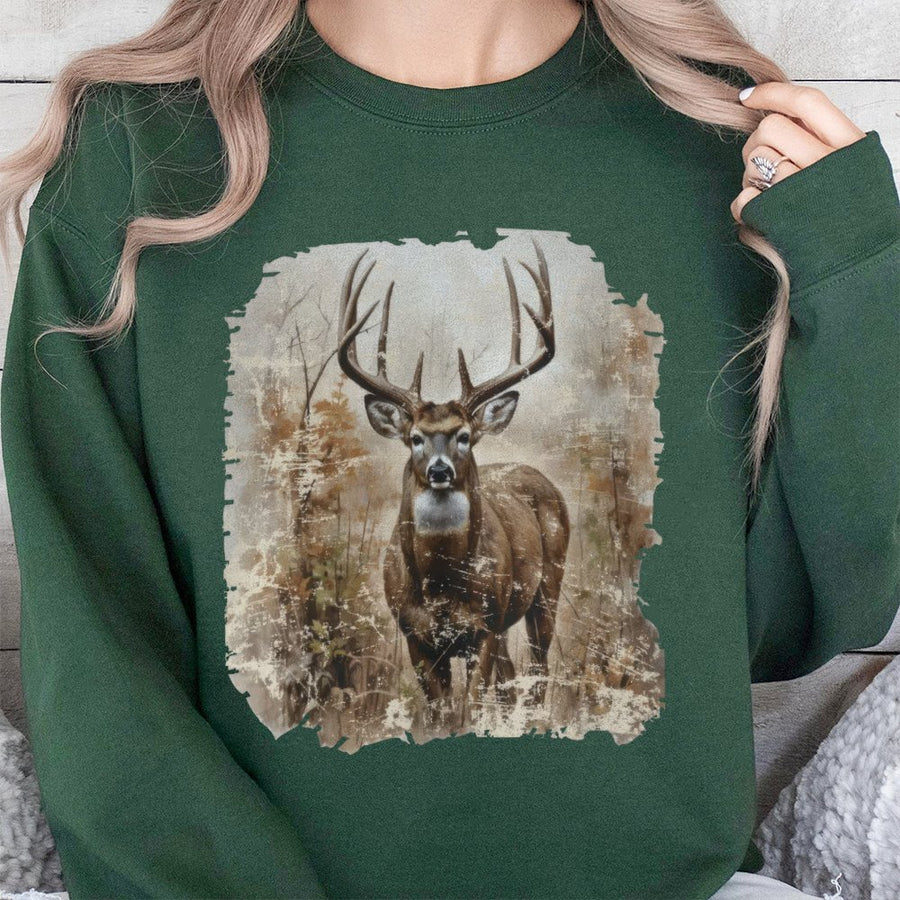 Vintage Deer Sweatshirt | Distressed Wildlife Buck Print | Soft Cotton-Blend Premium Fabric | Nature Lover Hunting Gift For Men And Women