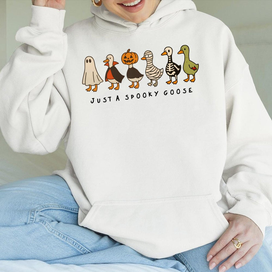 Spooky Goose Halloween Hoodie | Funny Ghost Pumpkin Skeleton Duck Graphic | Soft Cotton-Poly Blend Sweatshirt | Cute Fall Gift for Women & Men