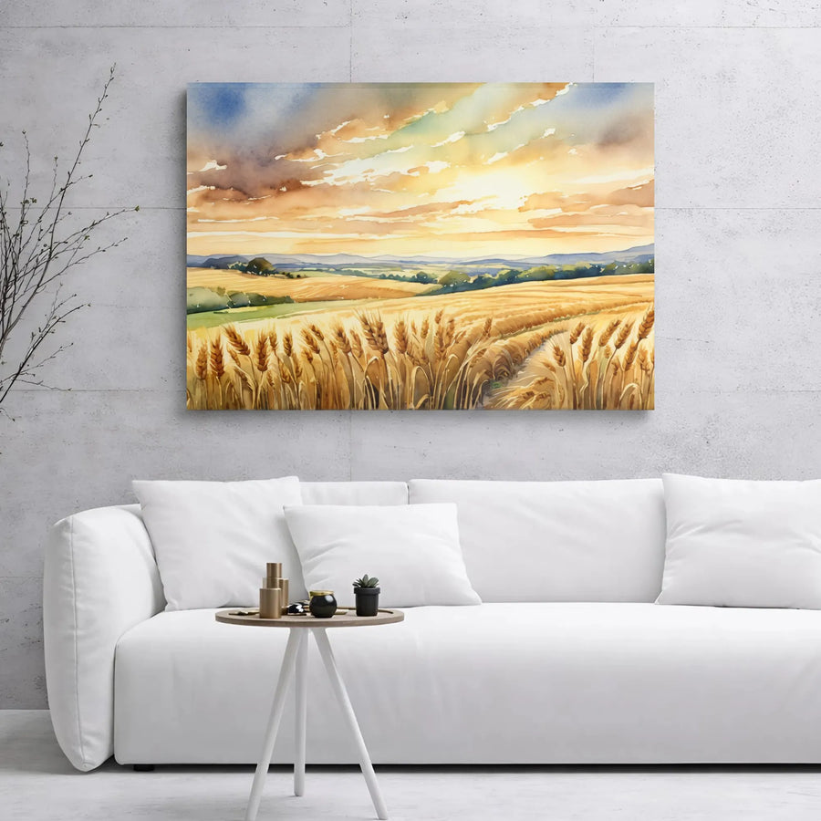 Golden Wheat Field Canvas Print | Watercolor Sunset Farmhouse Wall Art | Premium Gallery Wrap Decor | Farmhouse Aesthetic Gift for Living Room