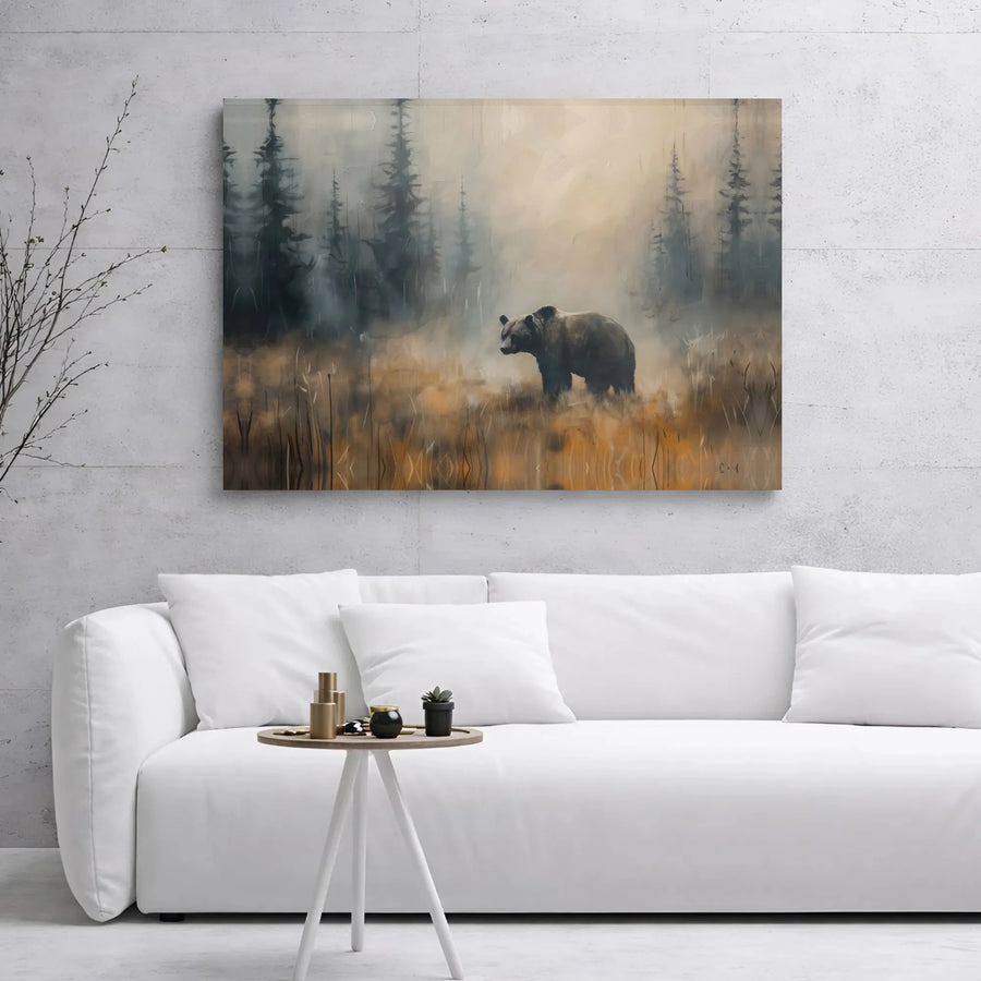 Brown Bear Wall Art | Misty Pine Forest Oil Painting Style | Premium Gallery Wrapped Canvas | Wildlife Nature Decor For Home Or Office