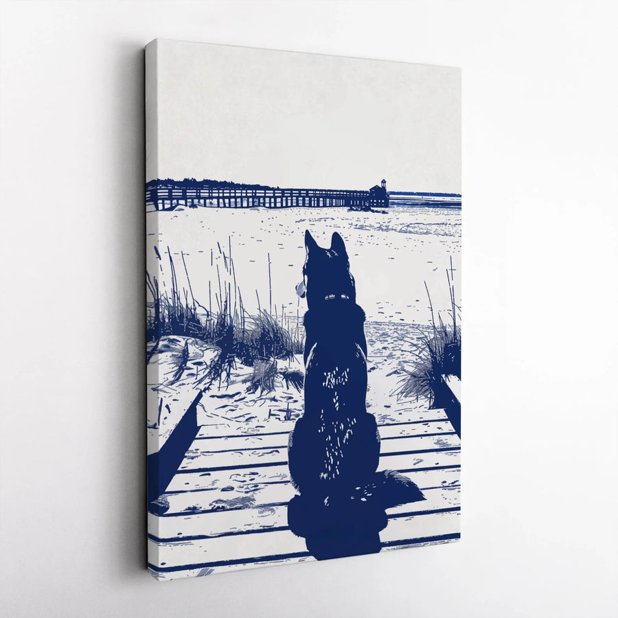 Dog on Boardwalk Canvas Print | Coastal Beach Pier Blue & White Art | Premium Gallery-Wrapped 1.25" Profile | Home Decor Gift for Dog Lovers