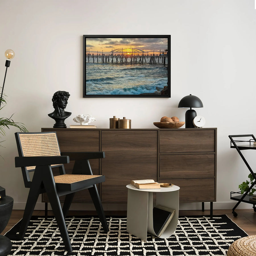 Ocean Pier Canvas Wall Art | Golden Sunset Coastal Landscape | Premium Fade-Resistant Gallery Print | Relaxing Home Decor for Living Room