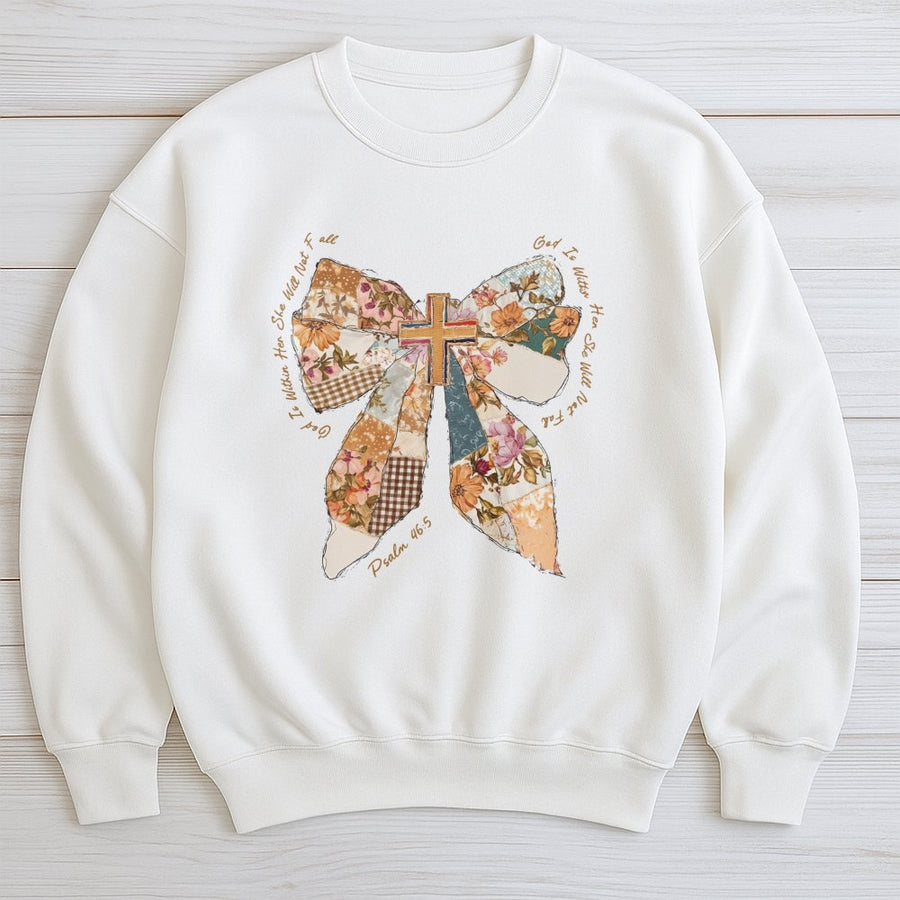 God Is Within Her Sweatshirt | Patchwork Bow Bible Verse Design | Premium Cotton Blend Crewneck | Christian Faith Gift for Women