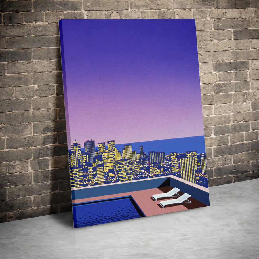 Vaporwave Cityscape Canvas Wall Art | Retro Rooftop Pool Print | Premium Frameless Canvas | Modern Office & Home Decor Gift
