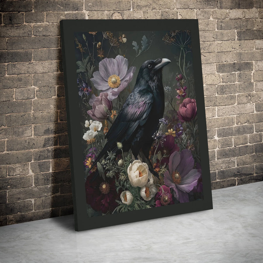 Gothic Raven Canvas Wall Art | Moody Dark Botanical Floral Print | Premium Gallery Wrapped Decor | Gift for Witchy Home Aesthetic
