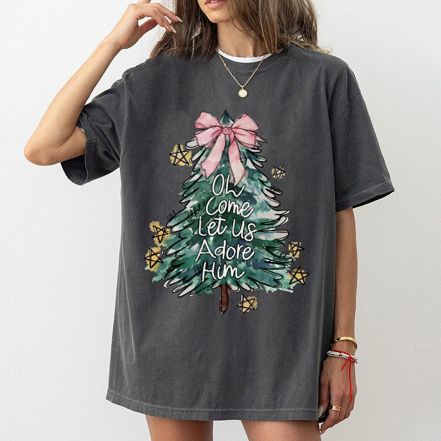 Oh Come Let Us Adore Him T-Shirt | Christian Coquette Christmas Tree Graphic | 100% Cotton Premium Tee | Faith-Based Religious Holiday Gift