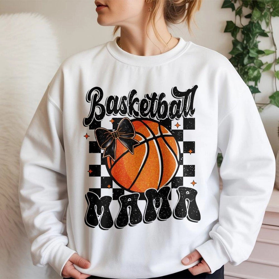 Basketball Mama Sweatshirt | Checkered Bow Sports Graphic | Premium Cotton Blend | Trendy Game Day Gift for Basketball Moms