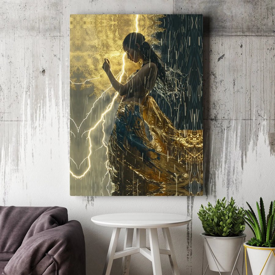 Goddess of the Storm Canvas Wall Art | Mythical Fantasy Portrait with Golden Lightning | Premium High-Resolution Print | Collector's Gift for Fantasy Art Fans