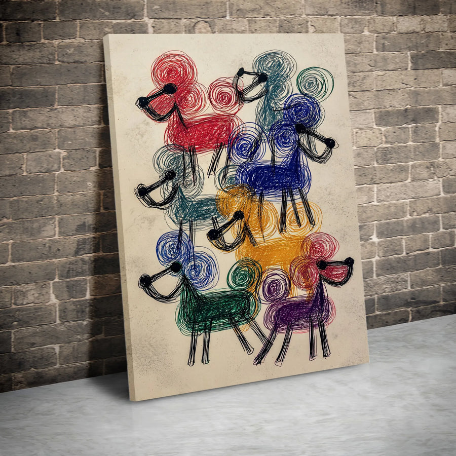 Colorful Poodle Scribble Art Vertical Canvas | Abstract Doodle Dog Pack Print | Premium Gallery Wrapped Canvas | Unique Gift for Dog Lover & Modern Home Decor