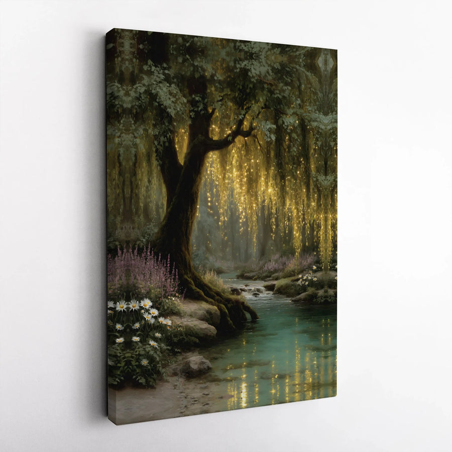 Enchanted Willow Tree Canvas Wall Art | Golden Fairy Lights River Scene | Premium Gallery Wrap Decor | Magical Nature Landscape Gift
