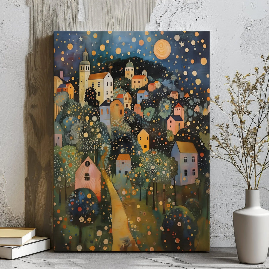 Whimsical Village Canvas Art | Starry Night Folk Art Print | 1.25-Inch Gallery Wrap | Magical Landscape Wall Decor Gift for Home