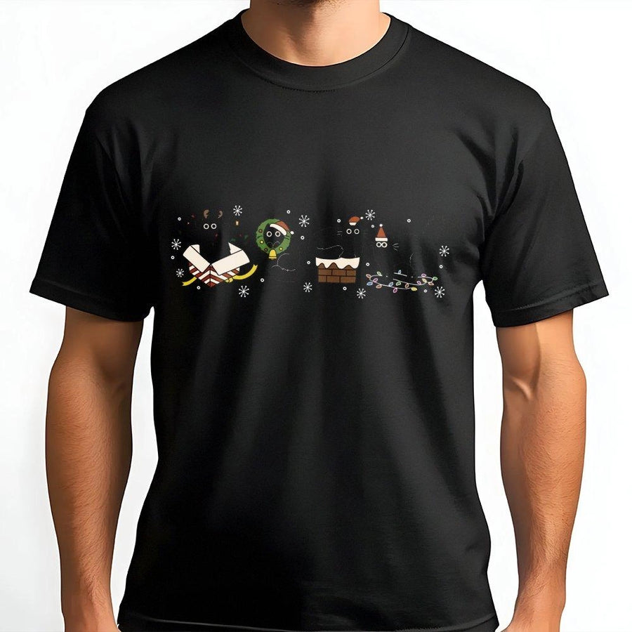 Christmas Black Cat T-Shirt | Festive Kittens Holiday Graphic | Premium Soft Cotton | Cat Mom Gift Idea