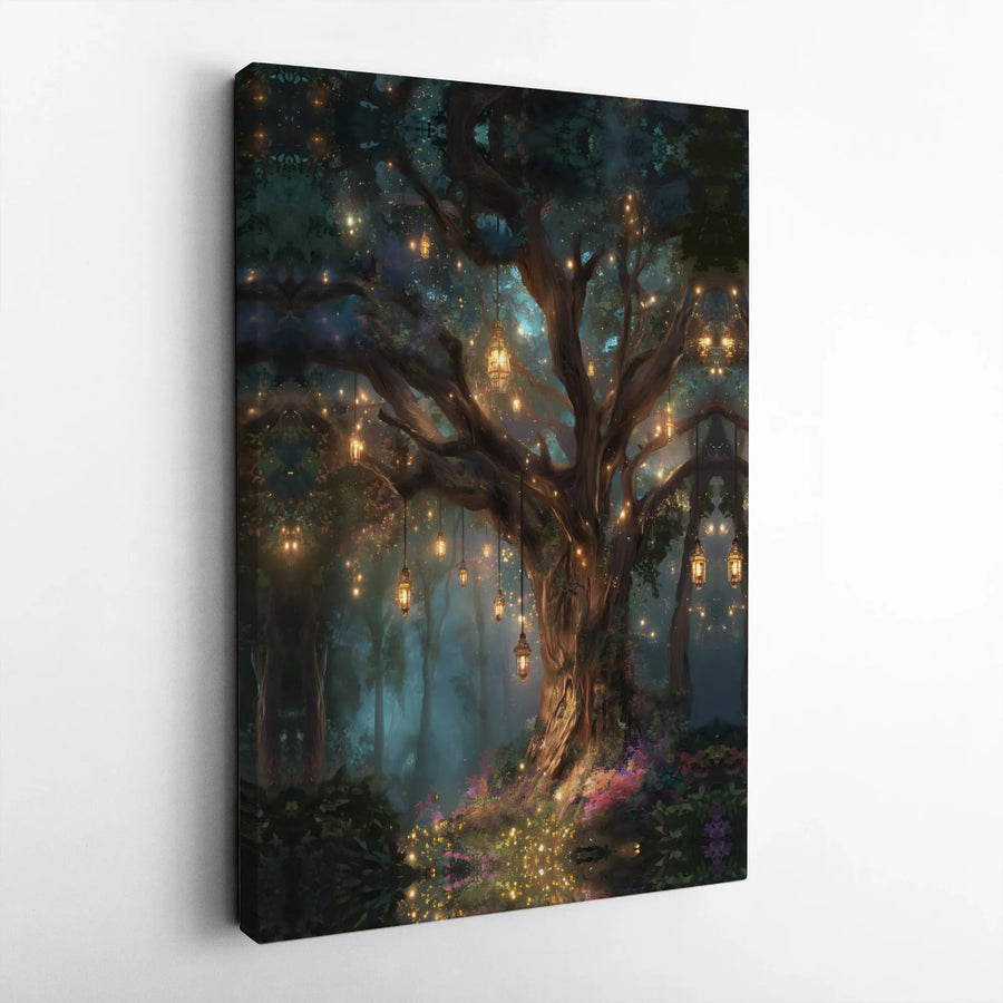Enchanted Forest Canvas Wall Art | Mystical Tree With Glowing Lanterns | Premium 1.25" Gallery Wrap | Fairy Tale Home Decor Gift