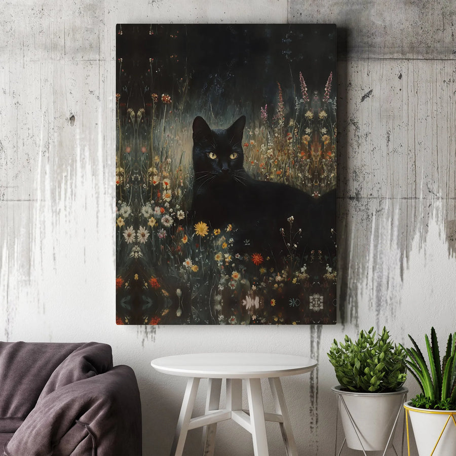 Black Cat Wall Art | Moody Floral Wildflower Painting | Premium Gallery Canvas | Witchy Home Decor Gift