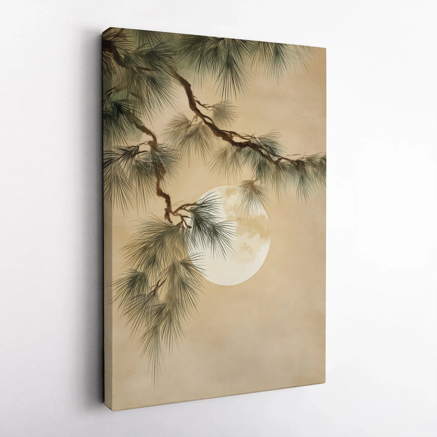 Japanese Pine Tree Wall Art | Minimalist Full Moon Canvas Print | Gallery Quality Fade-Resistant | Zen Home Decor for Living Room