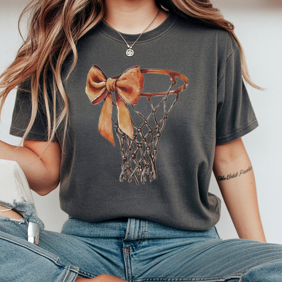Coquette Basketball T-Shirt | Aesthetic Bow Hoop Graphic Design | 100% Cotton Premium Tee | Trendy Basketball Mom Game Day Gift