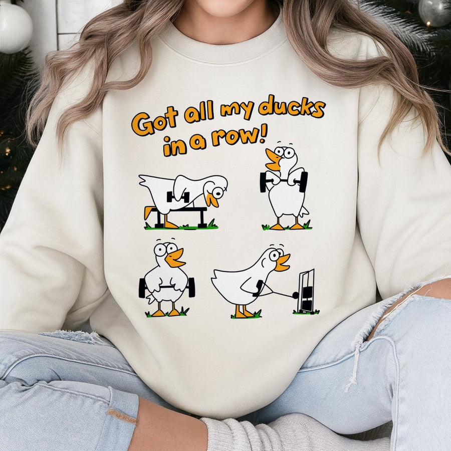 Got All My Ducks In A Row Gym Sweatshirt | Funny Weightlifting Duck Cartoon Graphic | Premium Cotton Blend Crewneck | Gift For Fitness Lovers & Athletes