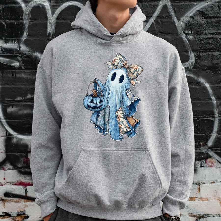 Cute Ghost Hoodie | Denim Patchwork Fall Graphic | Premium Cotton Blend | Spooky Halloween Gift for Women and Teens