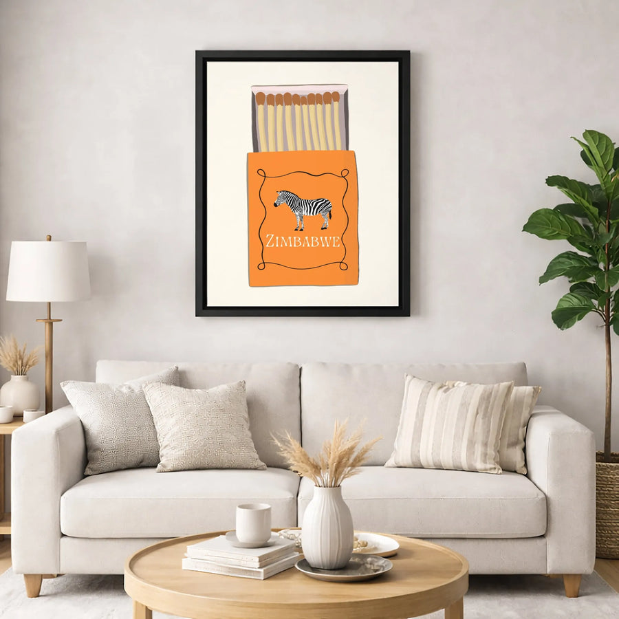 Zimbabwe Zebra Matchbox Art Print | Mid-Century Modern Illustration | Premium Gallery Canvas | Unique Travel Decor Gift for Safari Lovers
