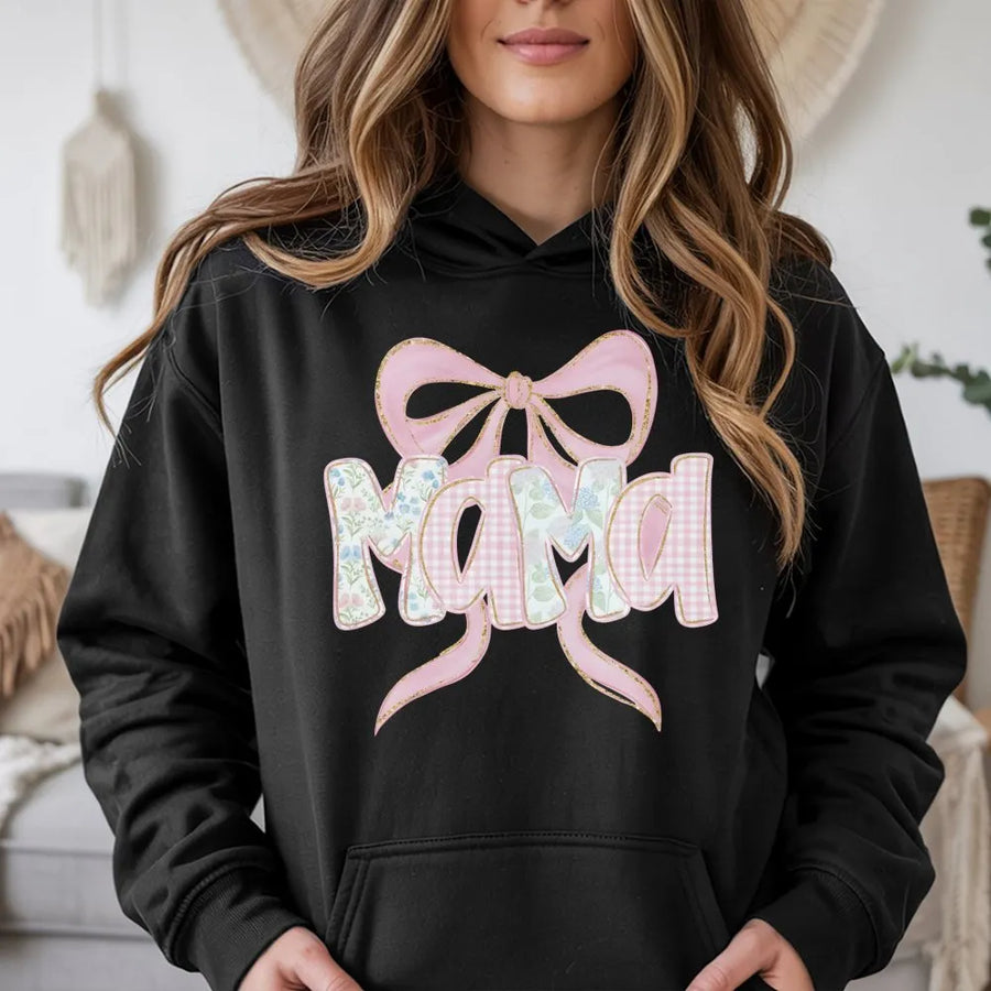 Mama Hoodie with Pink Bow | Floral Gingham Typography Design | Premium Soft Cotton Blend | Trendy Pregnancy Reveal Gift for Mom