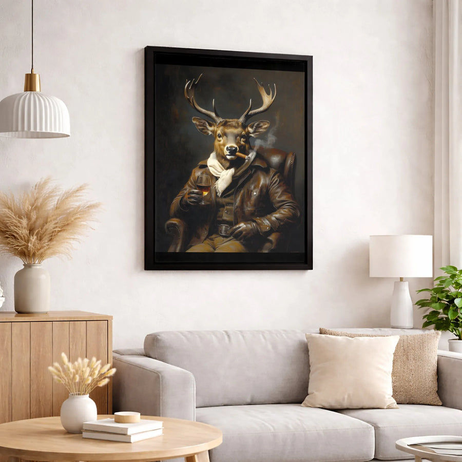 Gentleman Deer Smoking Cigar Wall Art | Anthropomorphic Whiskey Portrait | Premium Gallery Canvas | Masculine Office Decor Gift