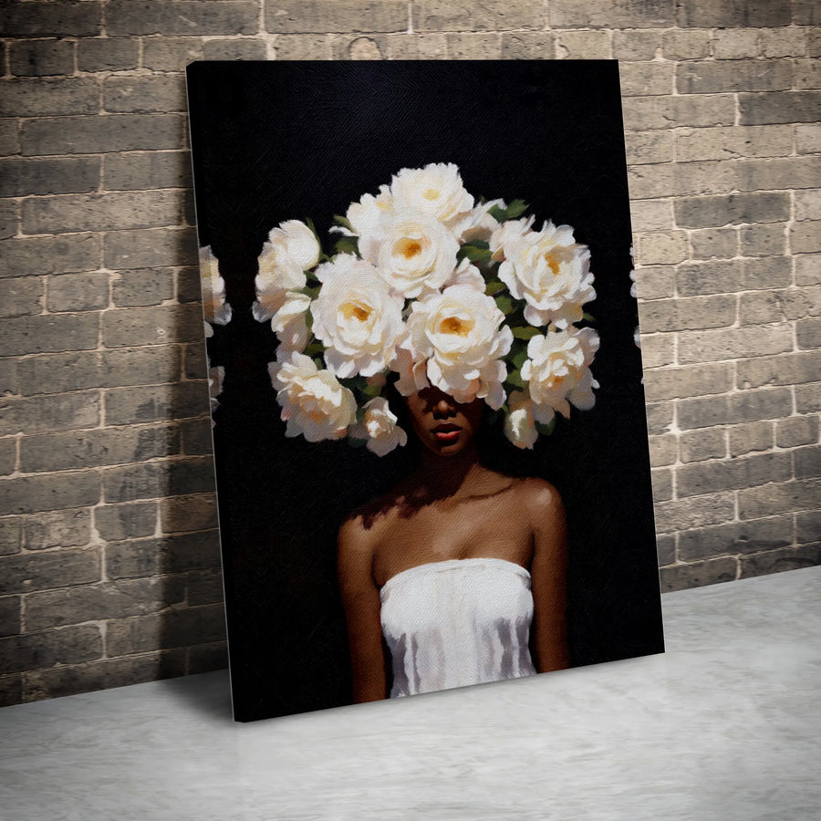 Black Woman Floral Canvas Wall Art | Surreal White Rose Portrait | Premium Thick Gallery Wrap | Modern Afrocentric Home Decor Gift