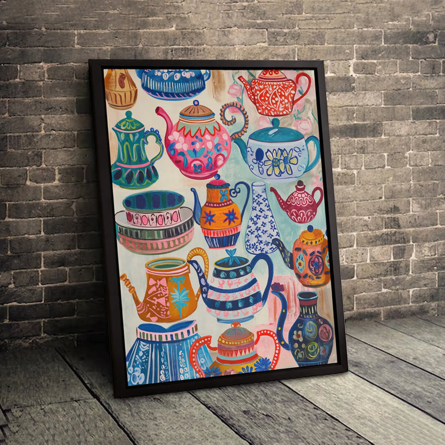 Colorful Teapot Art Canvas Print | Bohemian Folk Art Kitchen Decor | Premium 1.25-Inch Gallery Wrap | Whimsical Coffee Lover Wall Art Gift