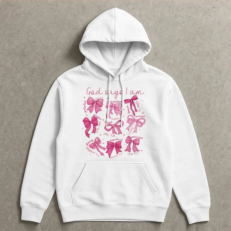 God Says I Am Hoodie | Christian Scripture Bows Design | Premium Cotton-Blend | Faithful Gift For Women And Believers