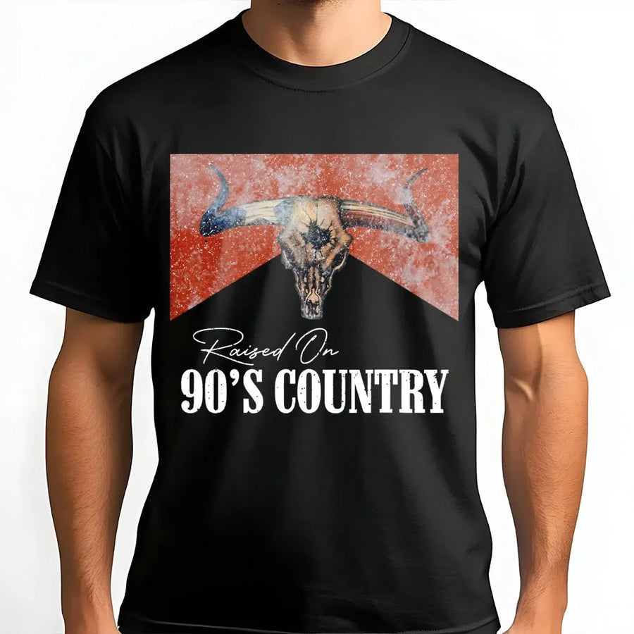 Raised On 90s Country T-Shirt | Distressed Western Bull Skull Graphic | Premium Soft Cotton Tee | Country Music Concert Outfit Gift