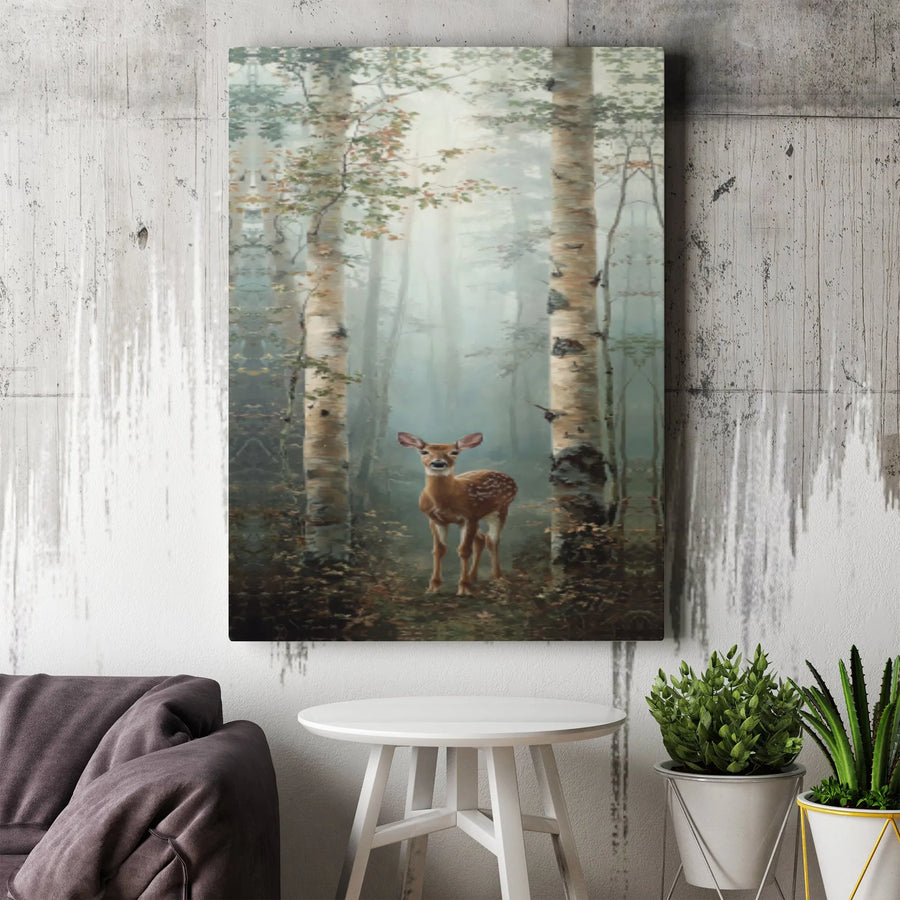 Woodland Fawn Canvas Wall Art | Misty Birch Tree Forest Painting | Premium High-Resolution Print | Rustic Cabin Decor Gift for Nature Lovers