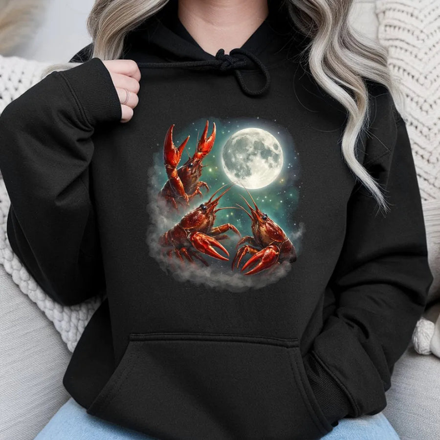 Crawfish Moon Hoodie | Surreal Lobster Full Moon Graphic | Cozy Cotton Blend Pullover | Gift for Seafood Lover