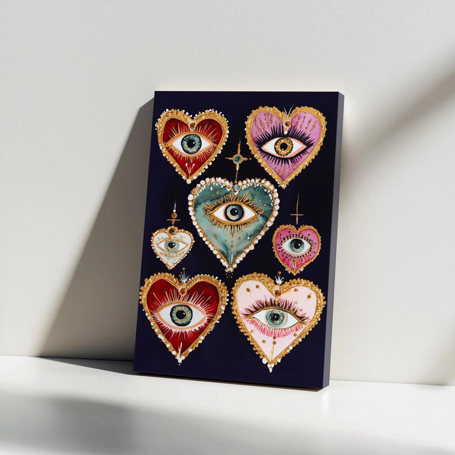 Mystical Evil Eye Canvas Wall Art | Sacred Hearts Spiritual Decor | Premium Gallery Wrap Print | Gothic Witchy Boho Home Decor Gift