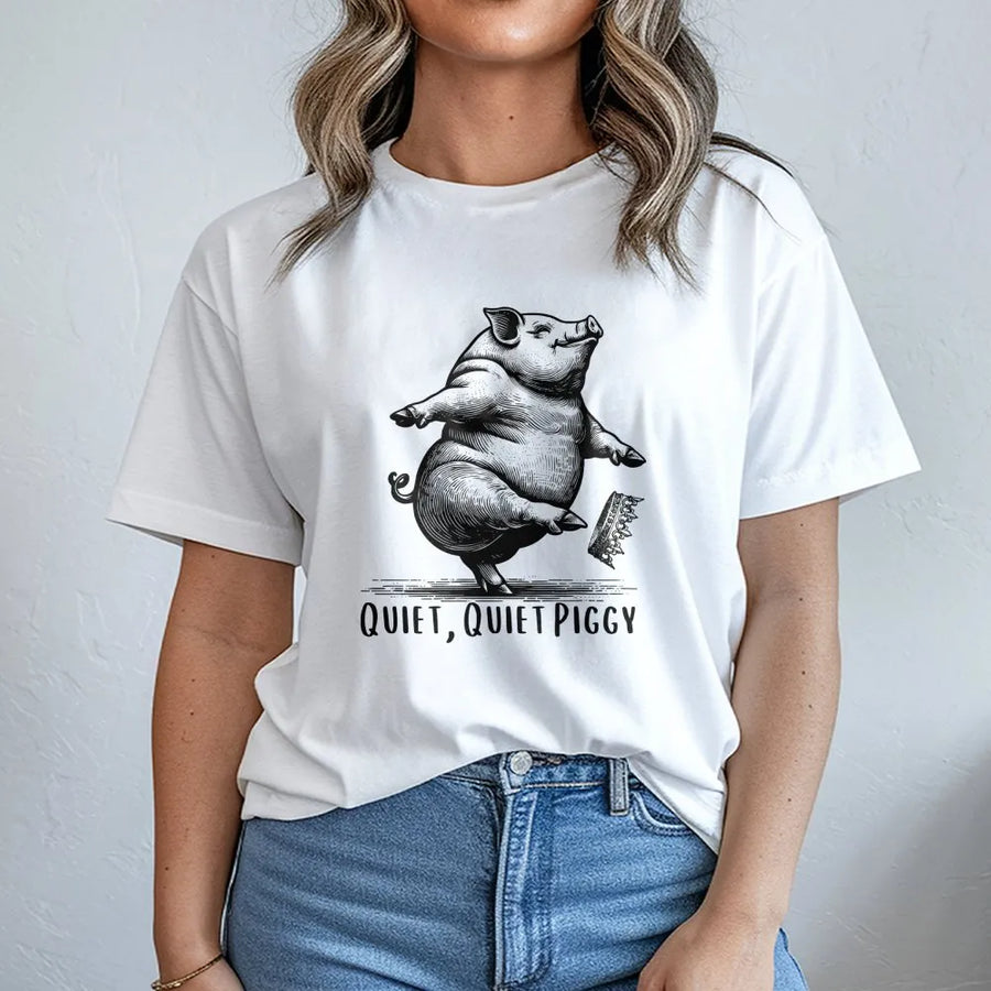 Dancing Pig T-Shirt | Quiet Quiet Piggy Graphic Design | Premium Cotton Comfort Tee | Funny Animal Lover Gift for Men Women