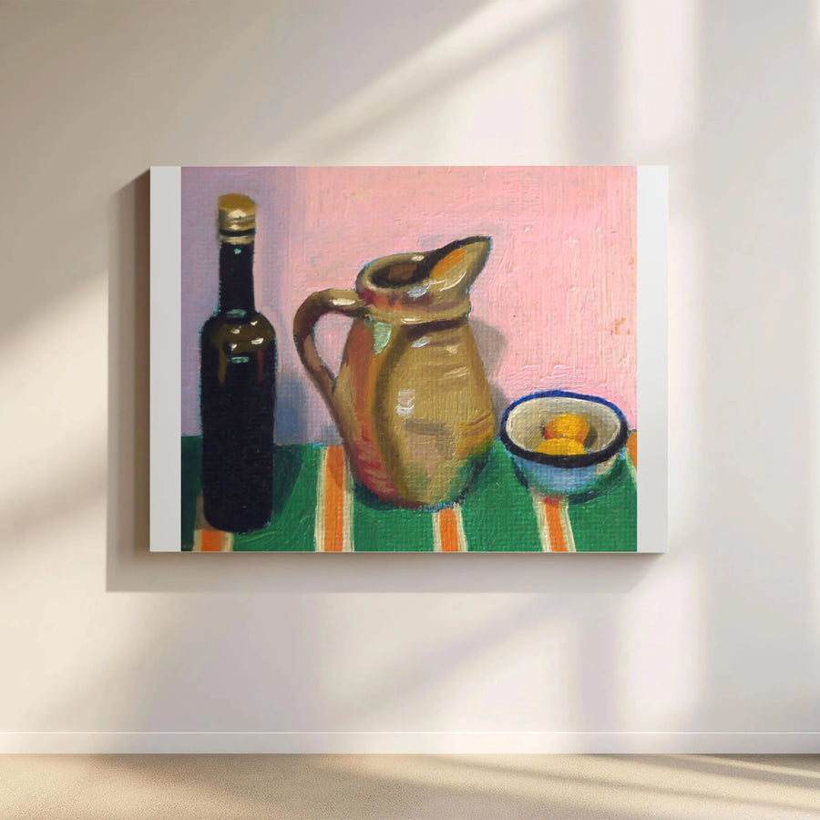 Still Life Canvas Art Print | Colorful Pitcher and Bottle Painting | Premium Gallery Wrapped Canvas | Dining Room & Kitchen Decor Gift